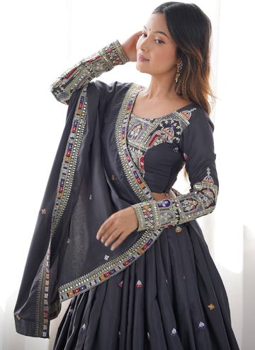 Incredible Silk Thread Embroidered Grey Traditional Lehenga Choli